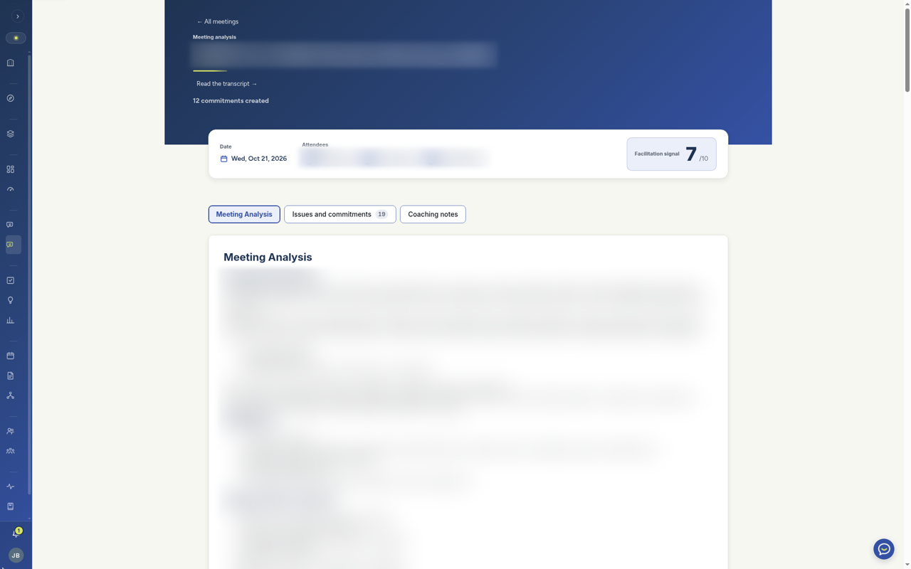 AiMS-HQ meeting analysis with commitments created and a facilitation score (client details blurred)