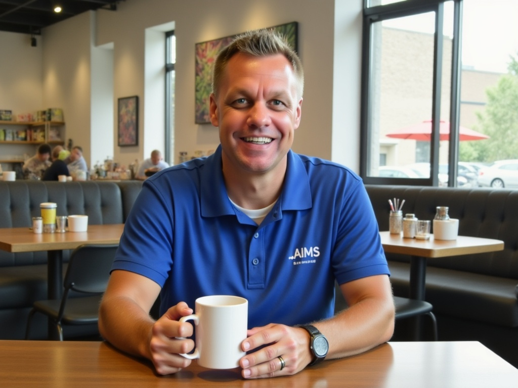 Jeff Bouwman, CEO of the AiMS Institute, smiling at a cafe table